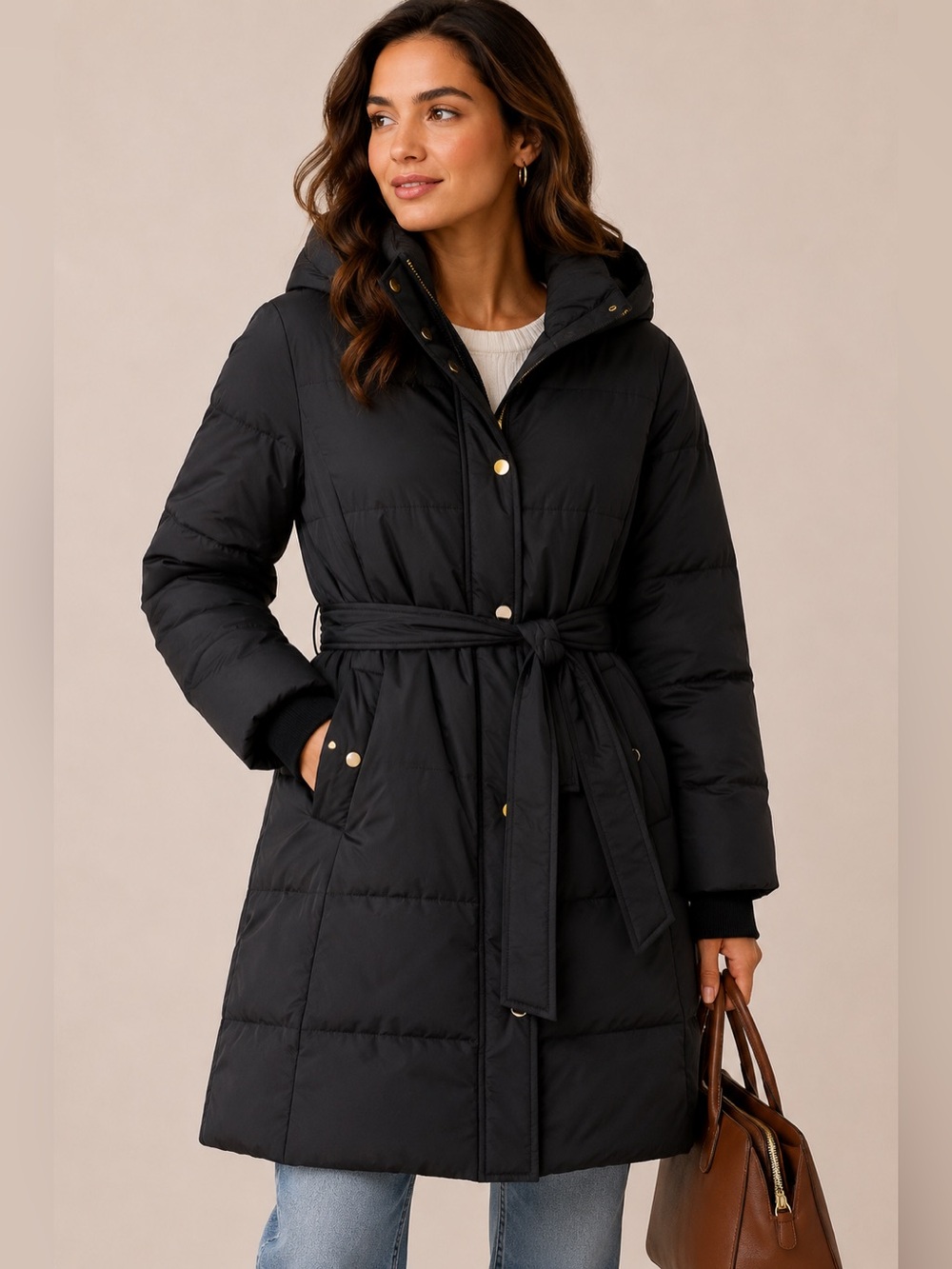 J. Crew Mercantile Black Hooded Belted Puffer Coat